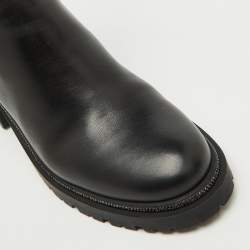 Pre Owned René Caovilla Black Leather Cleo Hematite Strass Calf Length Boots Size 40.5