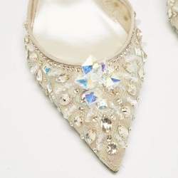 René Caovilla Beige/Silver Mesh Jeweled Cinderella Slingback Pumps Size 38