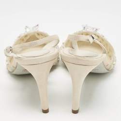 René Caovilla Beige/Silver Mesh Jeweled Cinderella Slingback Pumps Size 38