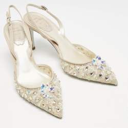 René Caovilla Beige/Silver Mesh Jeweled Cinderella Slingback Pumps Size 38
