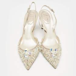 René Caovilla Beige/Silver Mesh Jeweled Cinderella Slingback Pumps Size 38