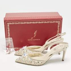 René Caovilla Beige/Silver Mesh Jeweled Cinderella Slingback Pumps Size 38