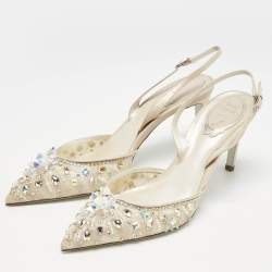 René Caovilla Beige/Silver Mesh Jeweled Cinderella Slingback Pumps Size 38