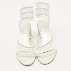 René Caovilla Cream  Leather Crystal Embellished Ankle Wrap Sandals Size 38