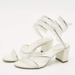René Caovilla Cream  Leather Crystal Embellished Ankle Wrap Sandals Size 38
