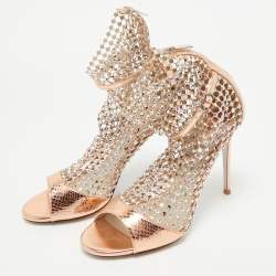 مملوكة مسبقًا Rene Caovilla Gold Snake Embossed and Mesh Crystal Embellished Galaxia Sandals Size 38