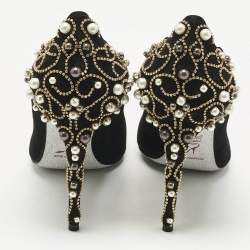 Pre Owned René Caovilla Black Suede Crystal and Pearls Embellished Pumps Size 40