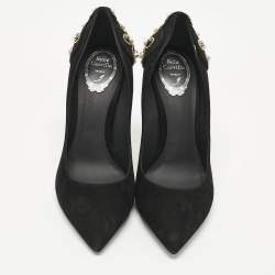 Pre Owned René Caovilla Black Suede Crystal and Pearls Embellished Pumps Size 40