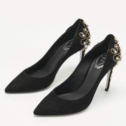 Pre Owned René Caovilla Black Suede Crystal and Pearls Embellished Pumps Size 40