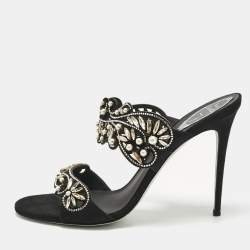 Pre Owned René Caovilla Black Suede Crystal Embellished Slide Sandals Size 41