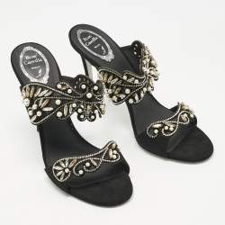 Pre Owned René Caovilla Black Suede Crystal Embellished Slide Sandals Size 41