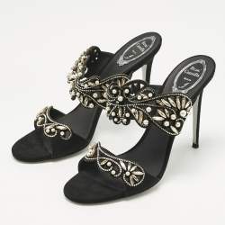 Pre Owned René Caovilla Black Suede Crystal Embellished Slide Sandals Size 41