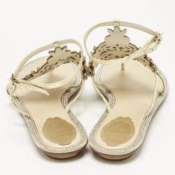 مملوكة مسبقًا René Caovilla Gold Karung Leather Crystal Embellished Flat Sandals Size 39