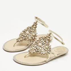 مملوكة مسبقًا René Caovilla Gold Karung Leather Crystal Embellished Flat Sandals Size 39