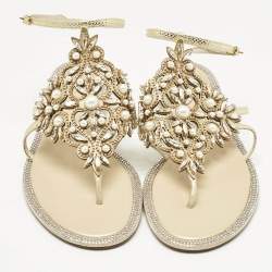 مملوكة مسبقًا René Caovilla Gold Karung Leather Crystal Embellished Flat Sandals Size 39