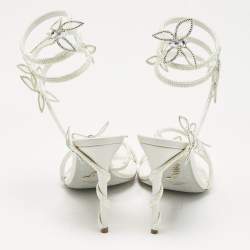 مملوكة مسبقًا René Caovilla White Satin Crystal Embellished Margot Sandals Size 38