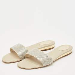 Pre Owned René Caovilla Light Gold Satin Crystals Embellished Flat Slides Size 41