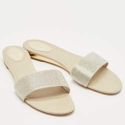 Pre Owned René Caovilla Light Gold Satin Crystals Embellished Flat Slides Size 41