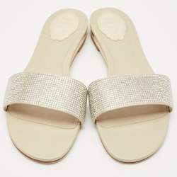Pre Owned René Caovilla Light Gold Satin Crystals Embellished Flat Slides Size 41