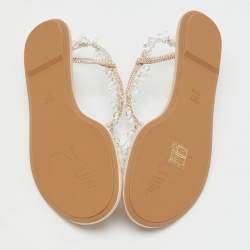 Pre Owned René Caovilla Beige Satin Crystal Chandelier Embellished T Strap Flats Size 36.5