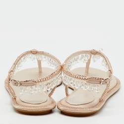 Pre Owned René Caovilla Beige Satin Crystal Chandelier Embellished T Strap Flats Size 36.5