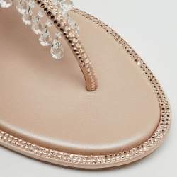 Pre Owned René Caovilla Beige Satin Crystal Chandelier Embellished T Strap Flats Size 36.5