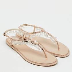 Pre Owned René Caovilla Beige Satin Crystal Chandelier Embellished T Strap Flats Size 36.5