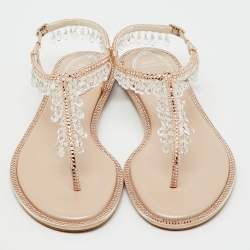 Pre Owned René Caovilla Beige Satin Crystal Chandelier Embellished T Strap Flats Size 36.5