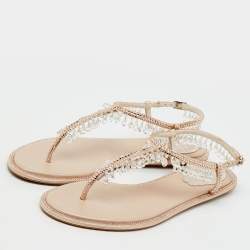 Pre Owned René Caovilla Beige Satin Crystal Chandelier Embellished T Strap Flats Size 36.5