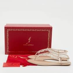 Pre Owned René Caovilla Beige Satin Crystal Chandelier Embellished T Strap Flats Size 36.5