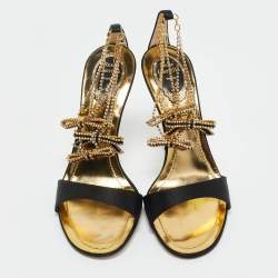 Pre Owned René Caovilla Black Satin Crystal Embellished Ankle Strap Sandals Size 39.5