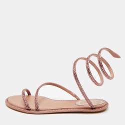 Pre Owned René Caovilla Pink Satin Cleo Ankle Wrap Flat Sandals Size 35
