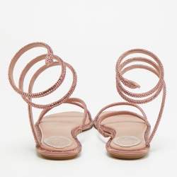 Pre Owned René Caovilla Pink Satin Cleo Ankle Wrap Flat Sandals Size 35