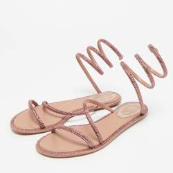 Pre Owned René Caovilla Pink Satin Cleo Ankle Wrap Flat Sandals Size 35