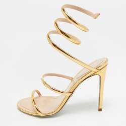Pre Owned René Caovilla Cleo Size 37 Gold Foil Leather Ankle Wrap Sandals