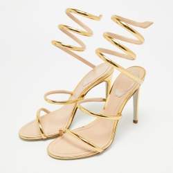 مملوكة مسبقًا René Caovilla Cleo Size 37 Gold Foil Leather Ankle Wrap Sandals