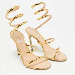 مملوكة مسبقًا René Caovilla Cleo Size 37 Gold Foil Leather Ankle Wrap Sandals