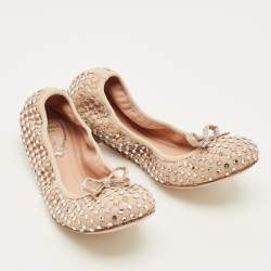 مملوكة مسبقًا حذاء باليرينا فلات مرصع بأحجار الراين بني جلد رينيه كوفيلّا سكرانش مقاس 38