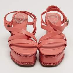 Pre Owned René Caovilla Size 37 Pink Leather Wedge Sandals