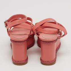 Pre Owned René Caovilla Size 37 Pink Leather Wedge Sandals