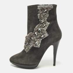 Pre Owned René Caovilla Size 40 Grey Fur And Suede Ankle Boots