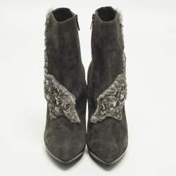 Pre Owned René Caovilla Size 40 Grey Fur And Suede Ankle Boots