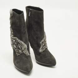 Pre Owned René Caovilla Size 40 Grey Fur And Suede Ankle Boots