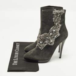 Pre Owned René Caovilla Size 40 Grey Fur And Suede Ankle Boots