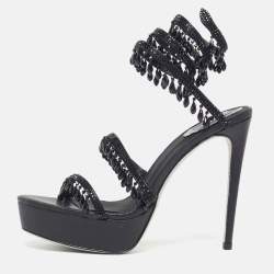 Pre Owned René Caovilla Chandelier Size 39 Black Leather Satin Platform Ankle Wrap Sandals