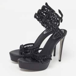 Pre Owned René Caovilla Chandelier Size 39 Black Leather Satin Platform Ankle Wrap Sandals