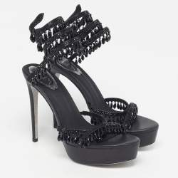 Pre Owned René Caovilla Chandelier Size 39 Black Leather Satin Platform Ankle Wrap Sandals