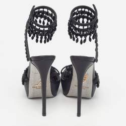 Pre Owned René Caovilla Chandelier Size 39 Black Leather Satin Platform Ankle Wrap Sandals