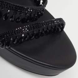 Pre Owned René Caovilla Chandelier Size 39 Black Leather Satin Platform Ankle Wrap Sandals