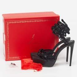 Pre Owned René Caovilla Chandelier Size 39 Black Leather Satin Platform Ankle Wrap Sandals